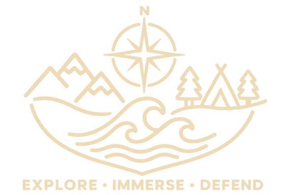 Adventure emblem with compass, mountains, waves and campsite: Explore, Immerse, Defend