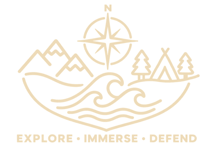 Adventure emblem with compass, mountains, waves and campsite: Explore, Immerse, Defend