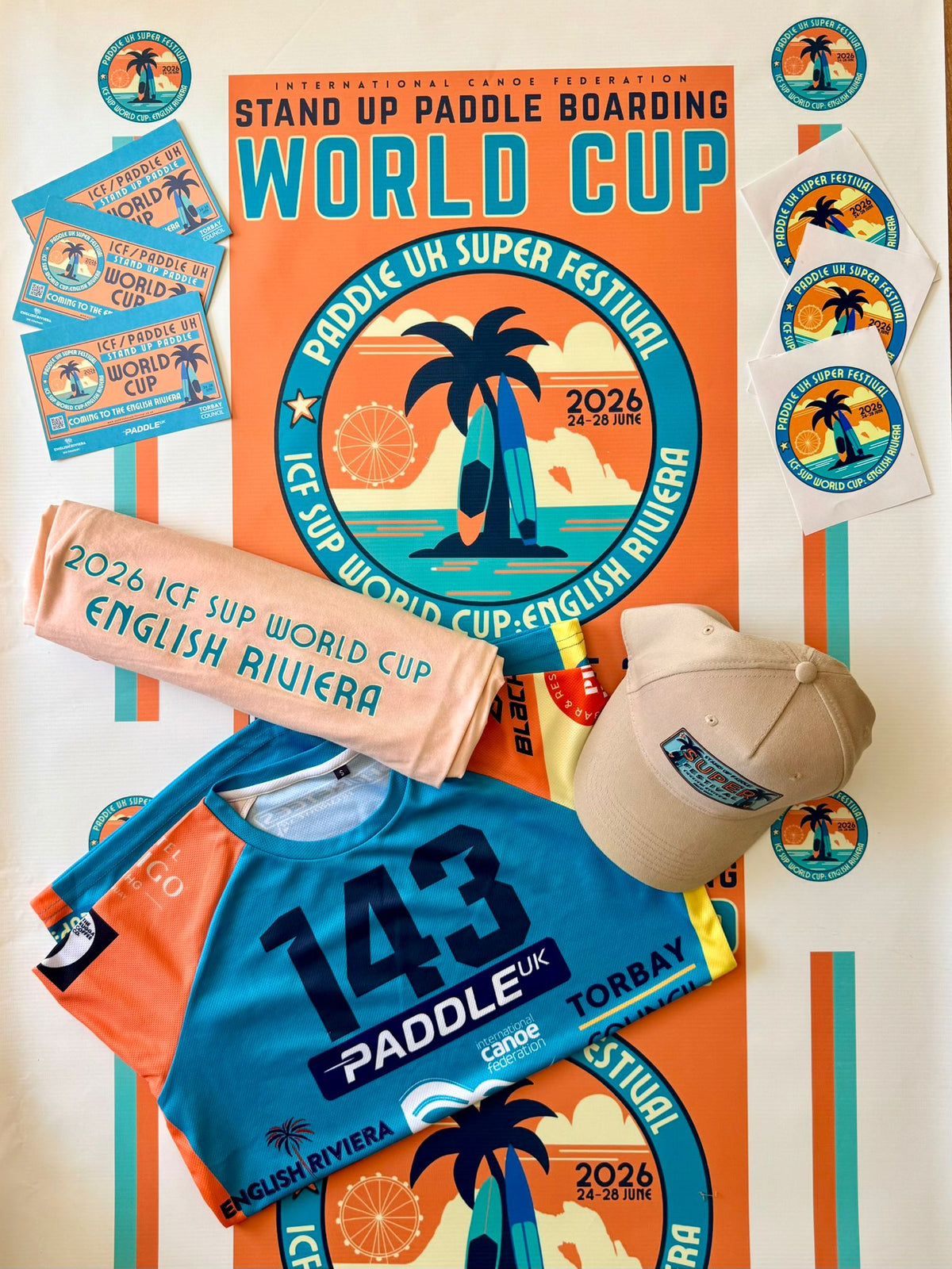English Riviera 2026 ICF SUP World Cup and Paddle UK SUPERFestival posters, stickers, race shirt and cap