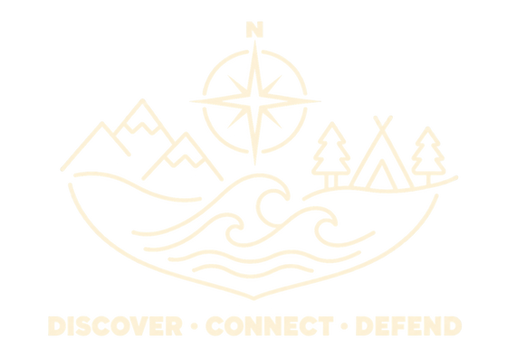 Adventure emblem with compass, mountains, waves and campsite: Discover, Connect, Defend