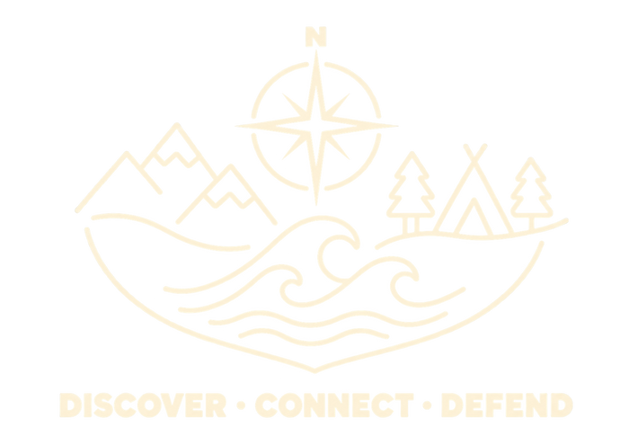 Adventure emblem with compass, mountains, waves and campsite: Discover, Connect, Defend